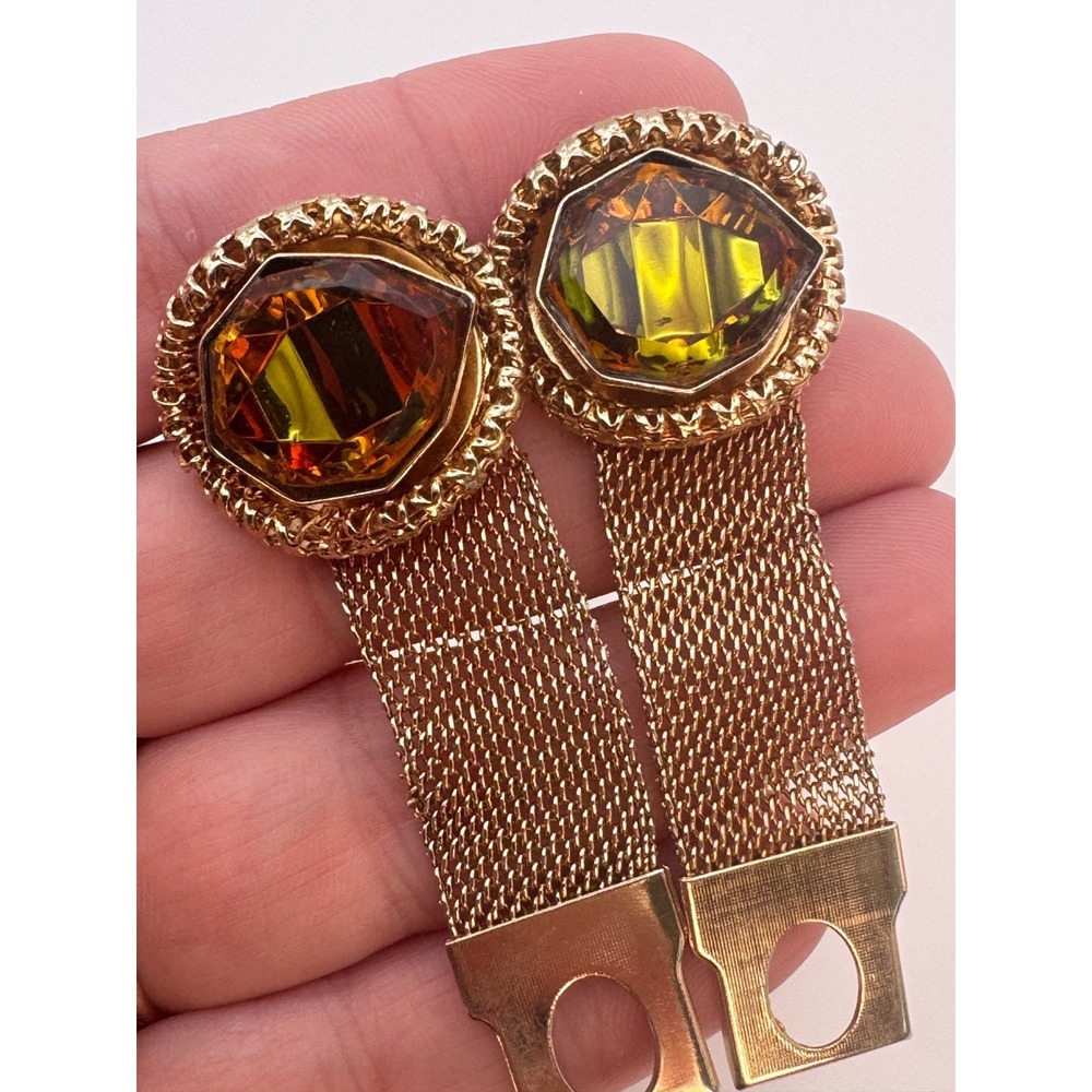 Vintage Mesh Cufflinks Orange and Green Faceted Shield MCM Gold Tone Wrap